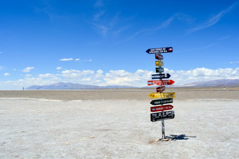 A bright signpost stands in a vast arid landscape with clear blue skies in Argentina.